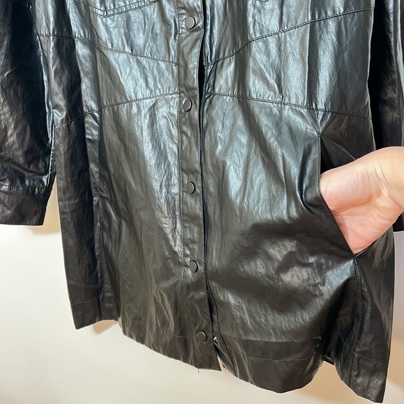 ZARA XL Faux Leather Long Sleeve Shirt Dress Snap Front Chest Pocket Black Mini - Picture 10 of 16